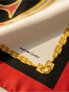 Authentic Cartier Silk Scarf in Red, Black, White & Gold C Jewel